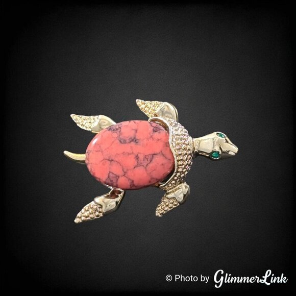Vintage 1960s Gerry's Pink Stone Rhinestone Turtle Gold Tone Brooch Pin - Picture 3 of 9